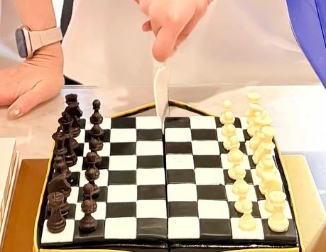 Custom square chessboard birthday cake with black and white chess pieces by Bob the Baker Boy Singapore