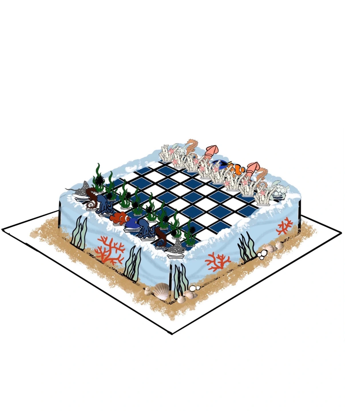 Original sea creature chess birthday cake design concept by Bob the Baker Boy