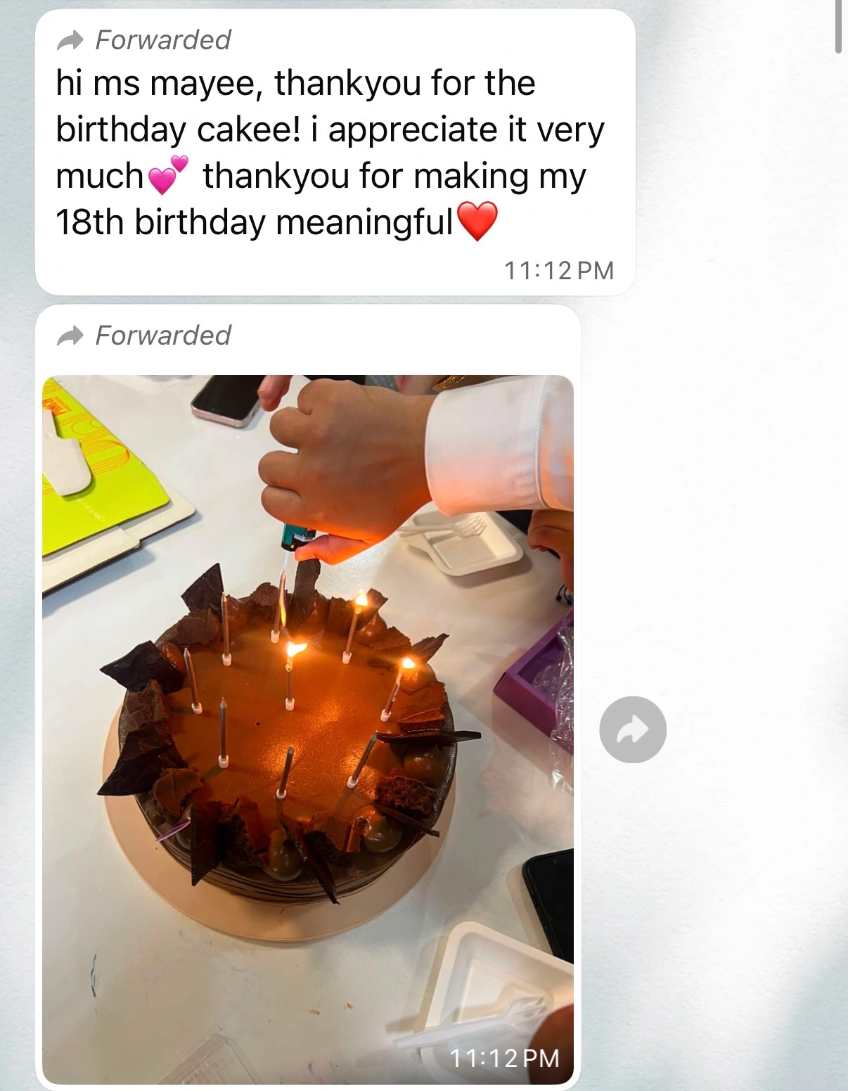 Thank-you message from an 18-year-old after receiving a birthday cake through Children's Aid Society Singapore