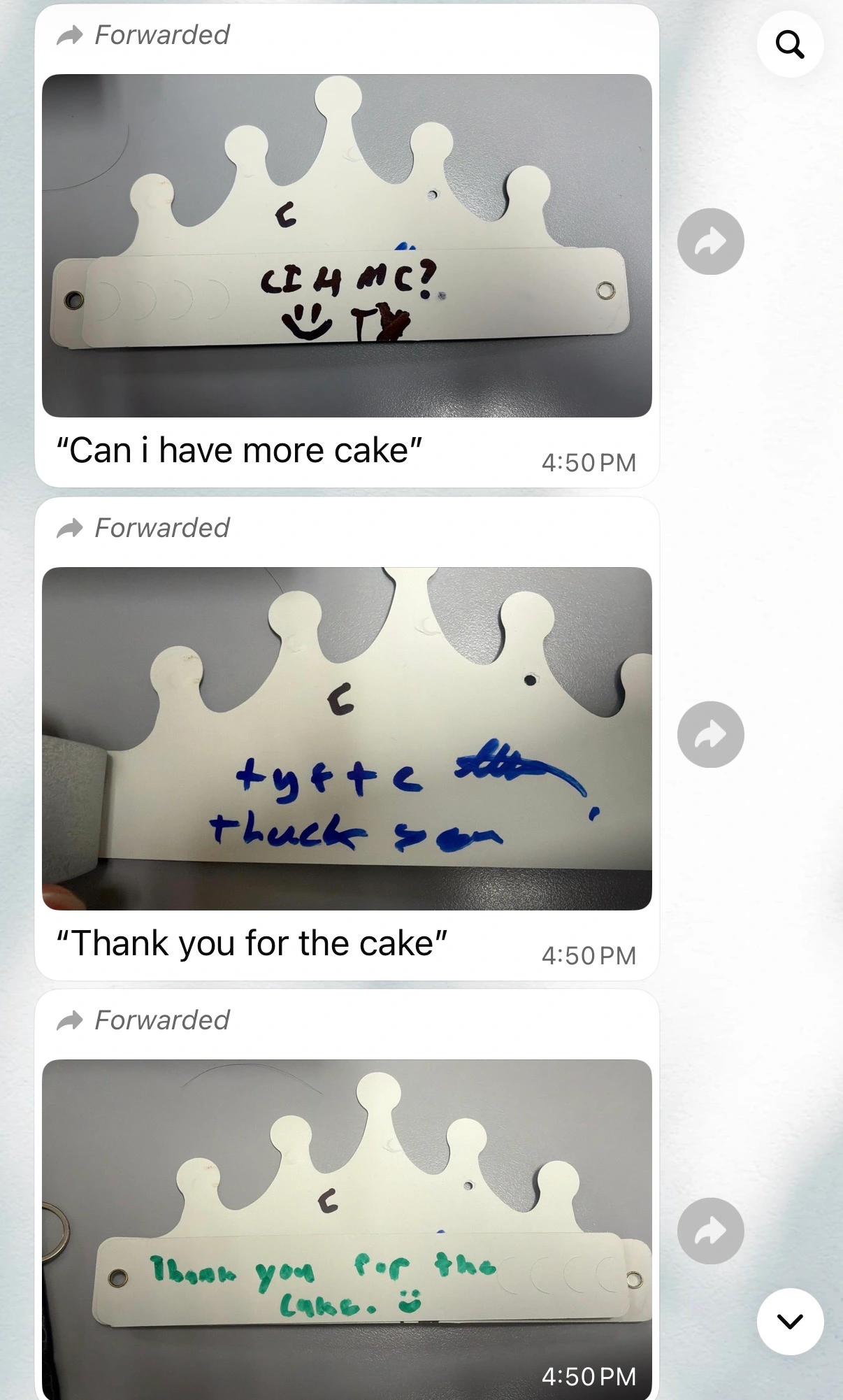 Children's handwritten messages saying can I have more cake and thank you for the cake