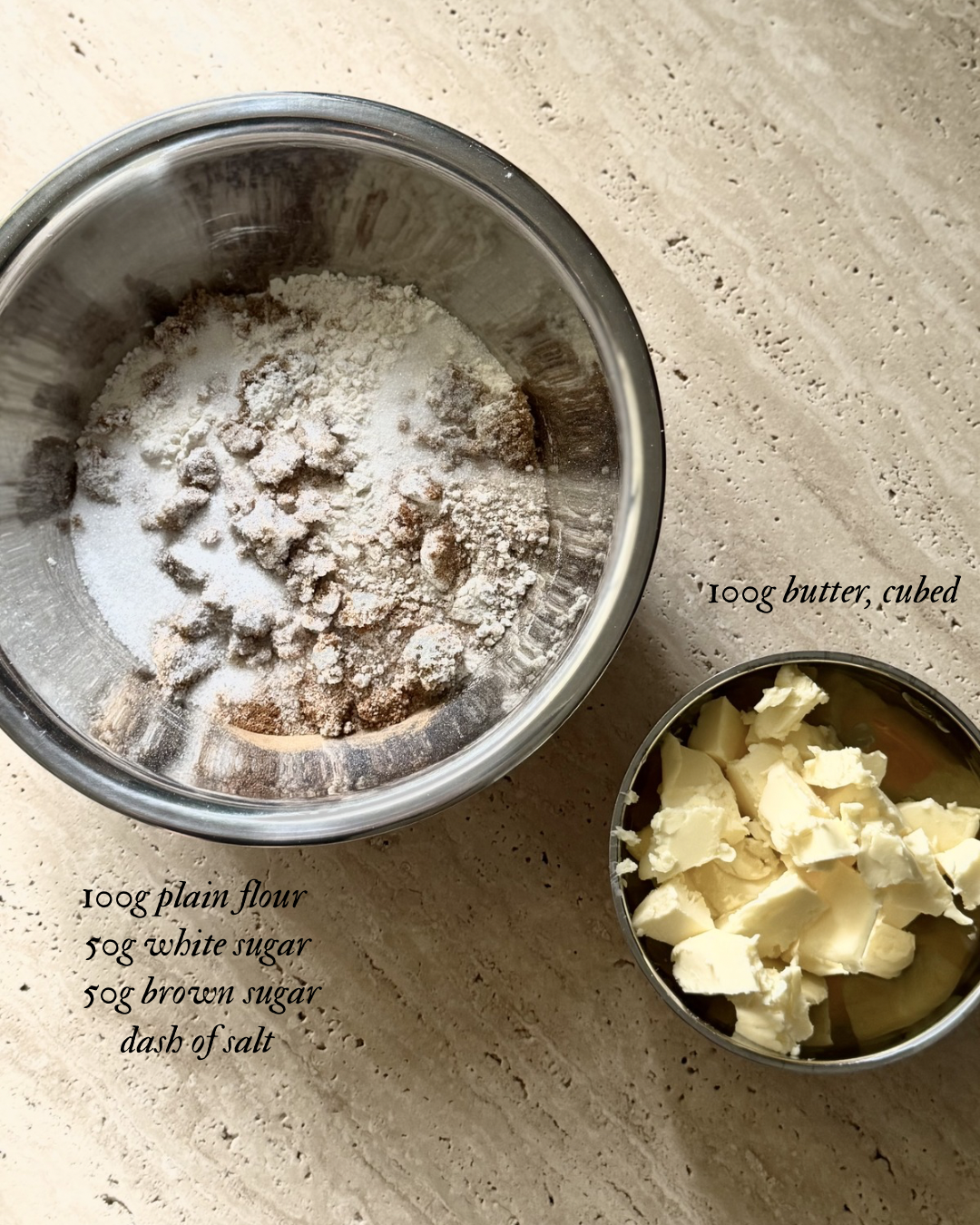 Berry crumble ingredients with plain flour, sugar, salt and cubed butter