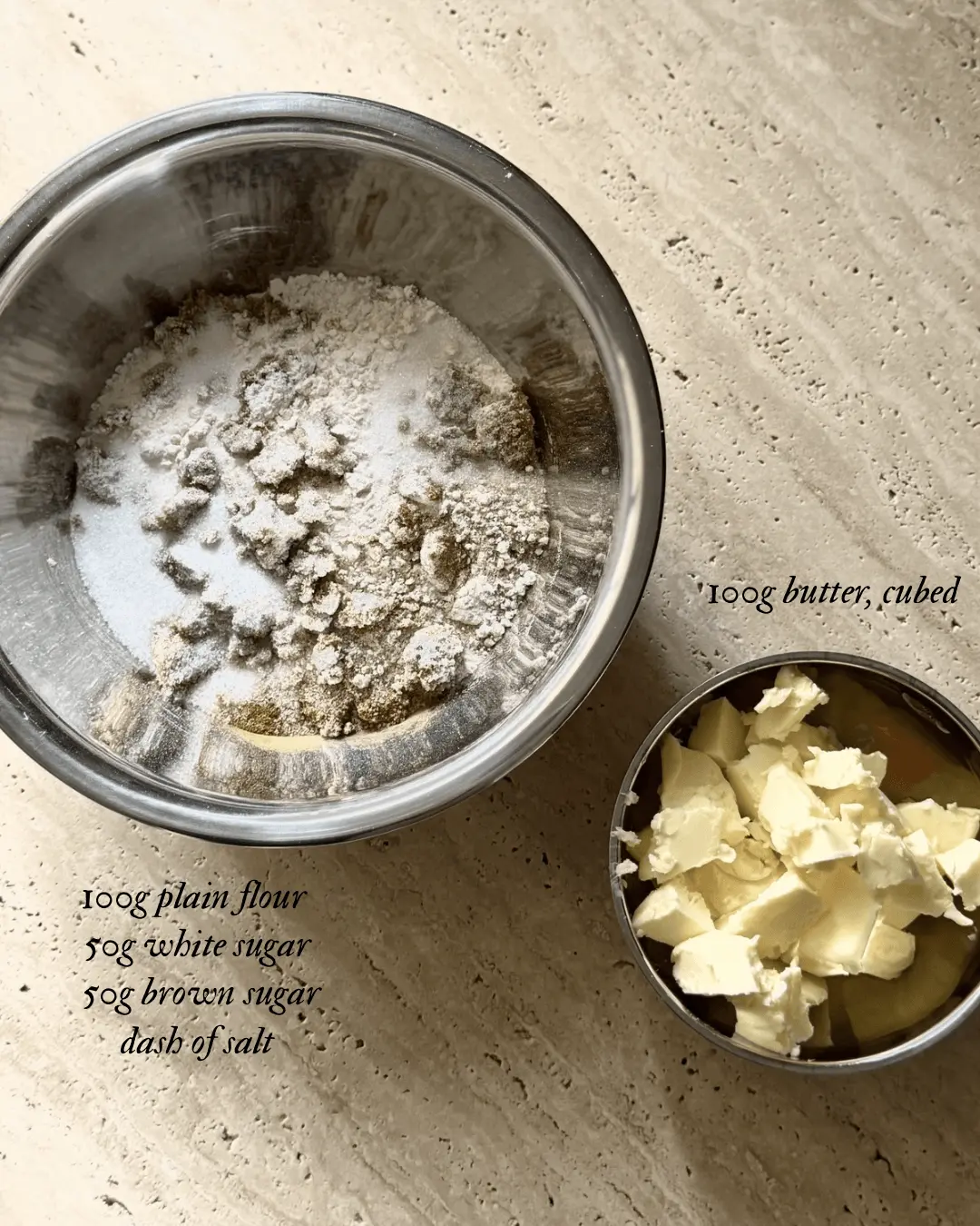 Berry crumble ingredients with plain flour, sugar, salt and cubed butter