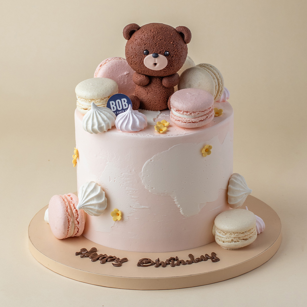 Teddy Bear Cake with Flowers and Macarons