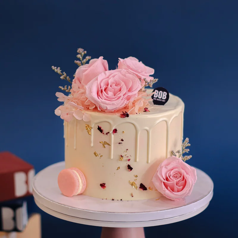 White with Pastel Pink Accent Floral Cake
