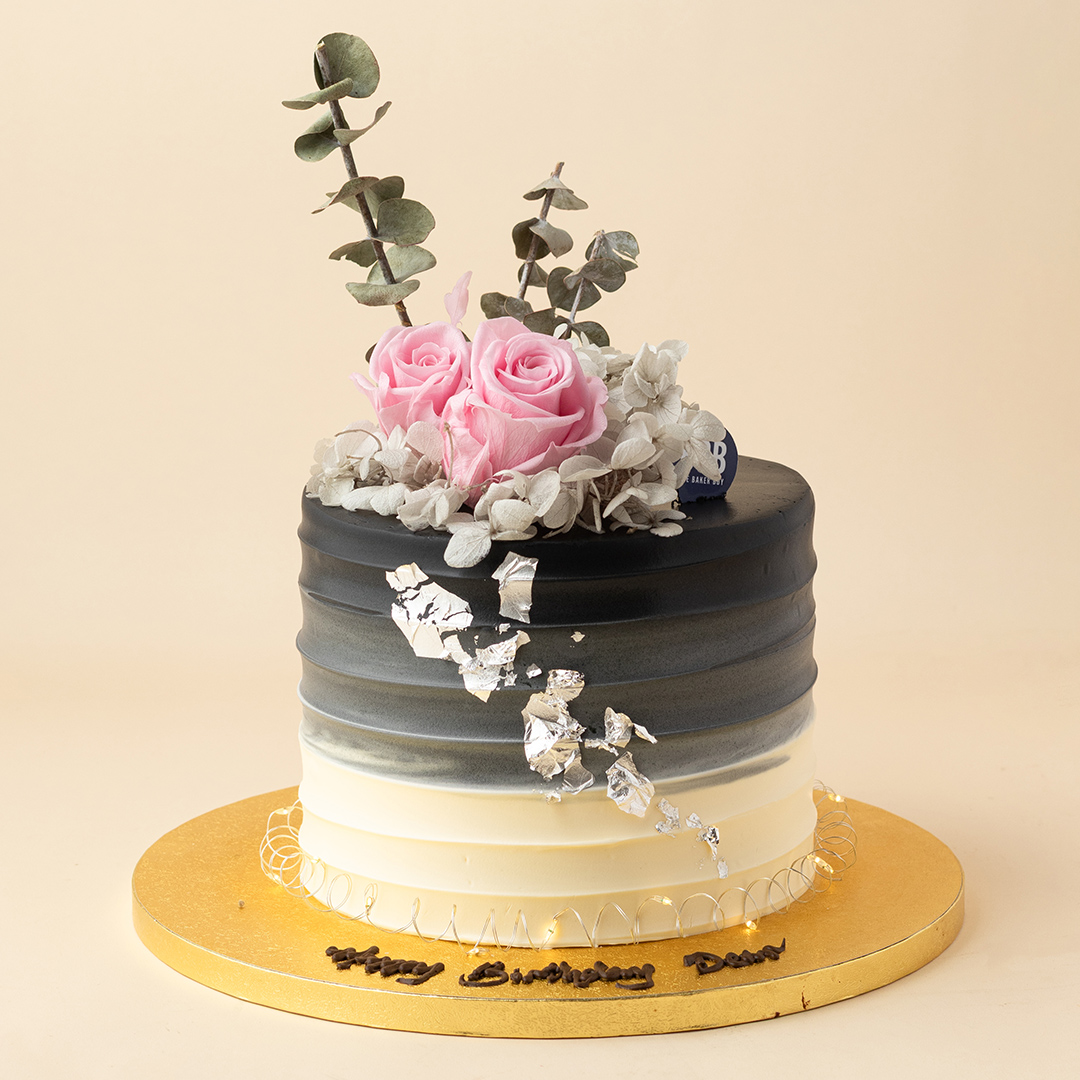 Reverse Black Ombre Swirls Dusty Pink Floral Cake