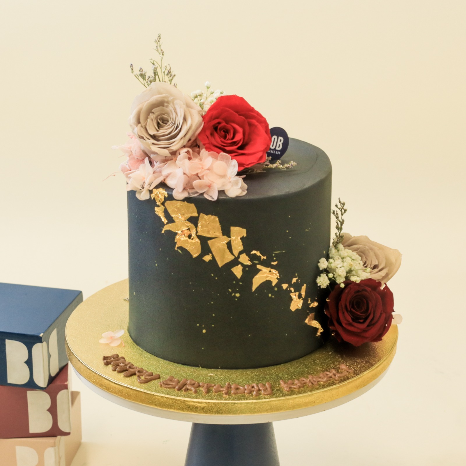 Black Splash Cake with Burgundy Florals