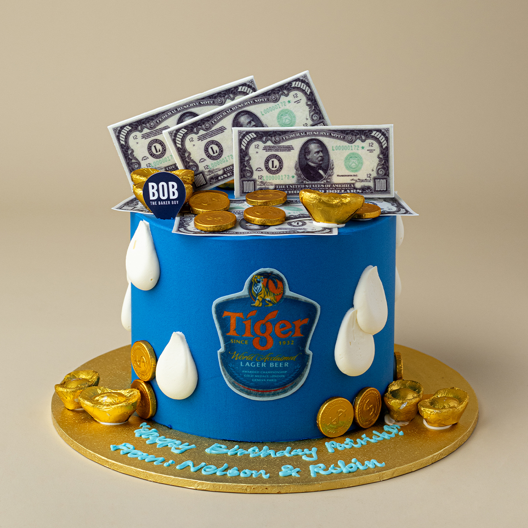 Blue Celebration Cake with Cash, Gold Coins and Ingots