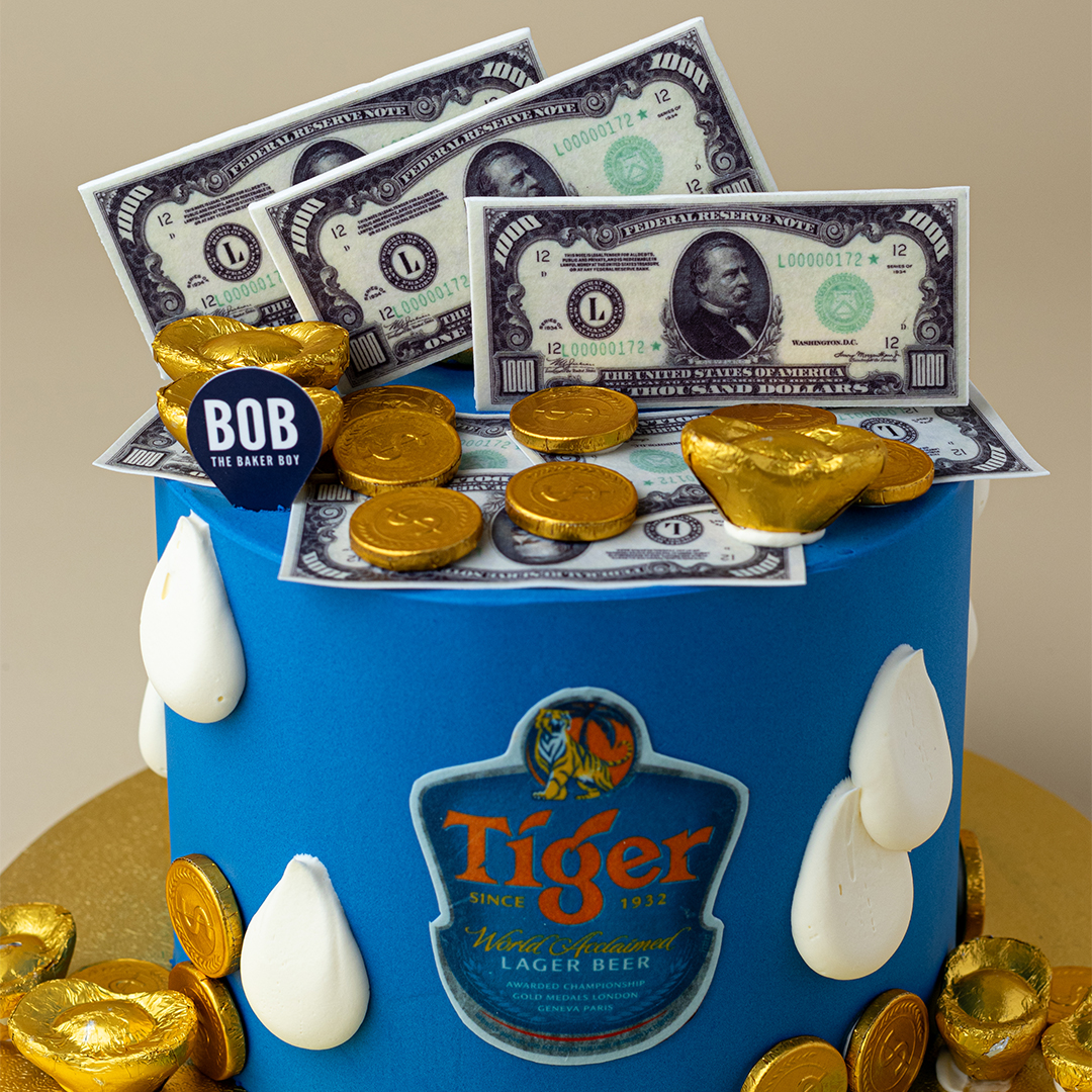 Blue Celebration Cake with Cash, Gold Coins and Ingots