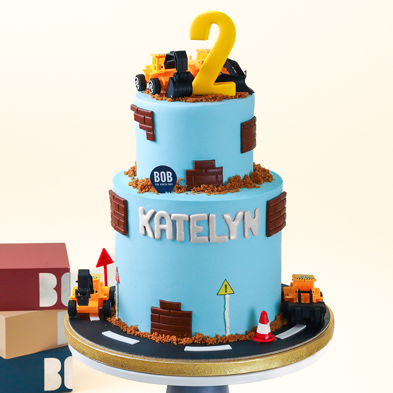 Blue Construction Excavator Cake with Bricks