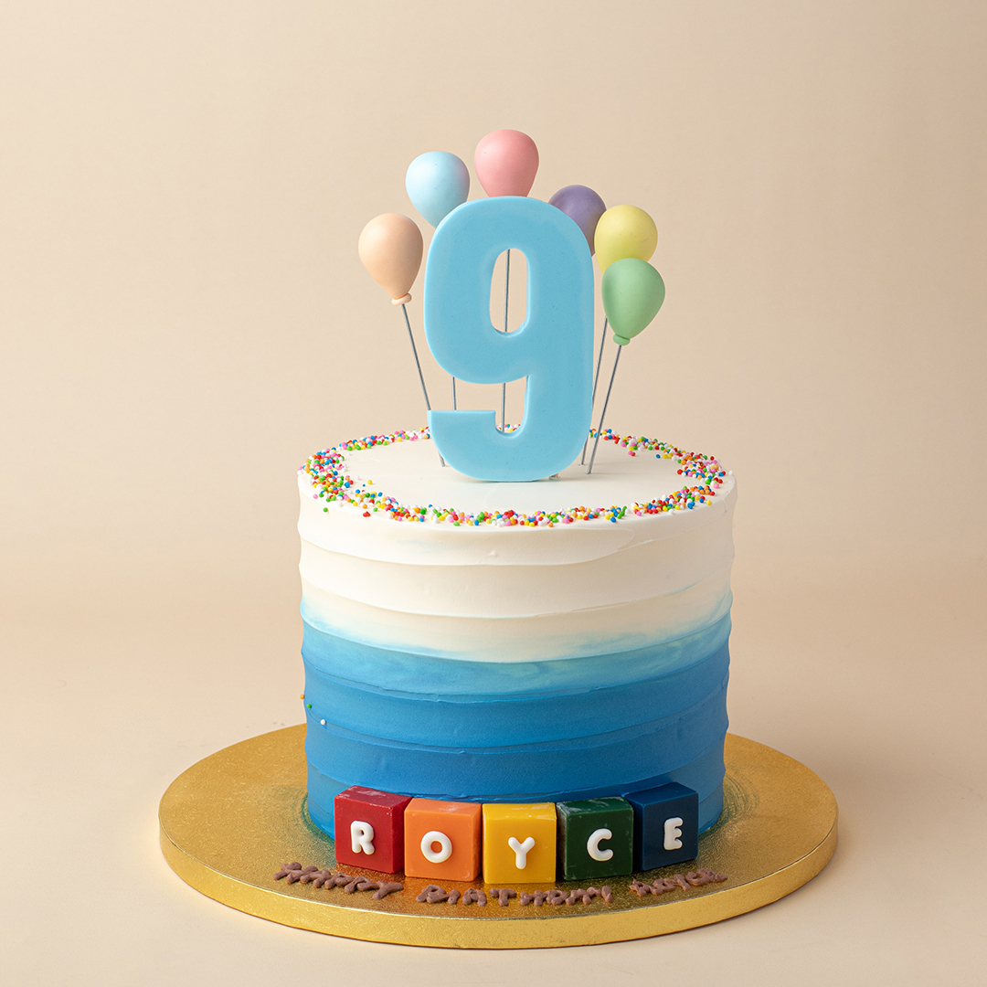 Blue Ombre Swirl Cake with Balloons