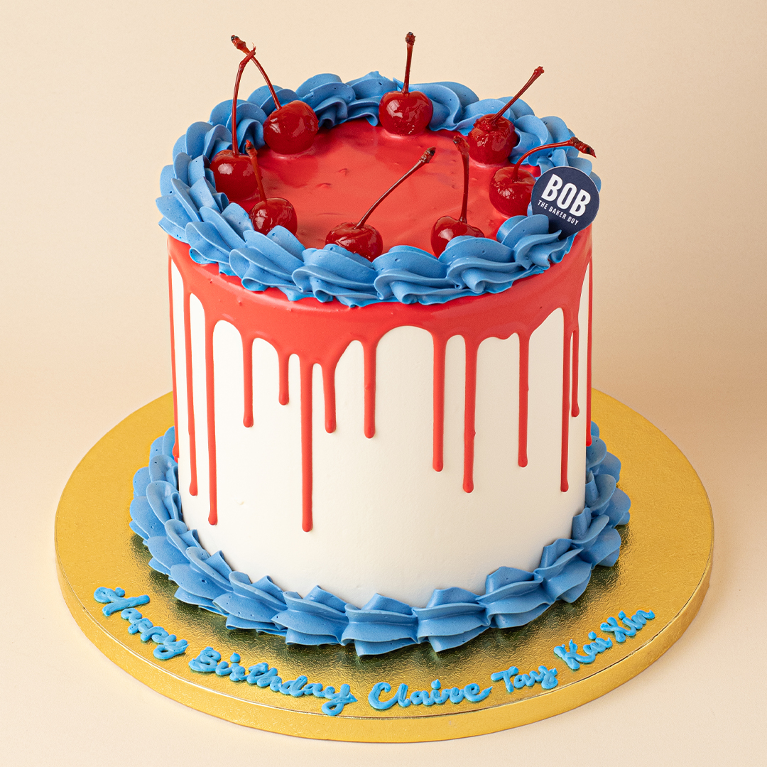 Blue and Red Drip Vintage Cake with Cherries
