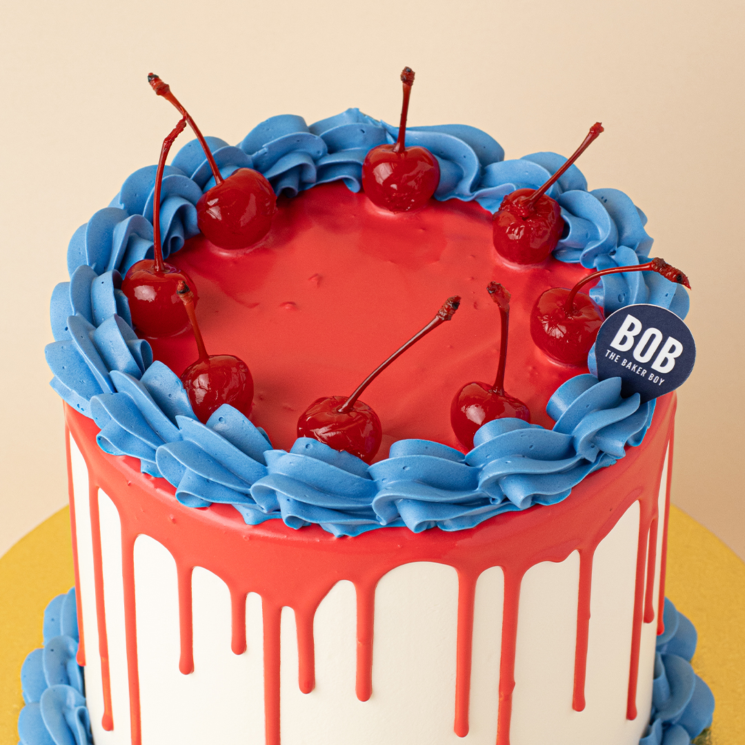 Blue and Red Drip Vintage Cake with Cherries