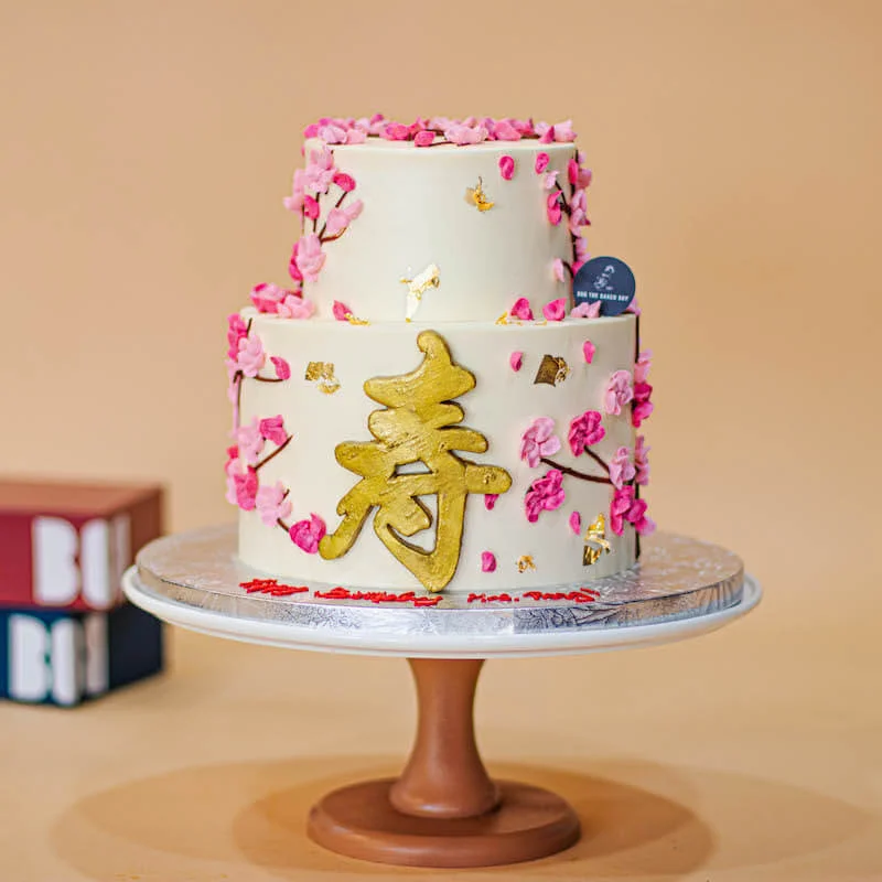 Cherry Blossom Longevity Cake with Golden Shou