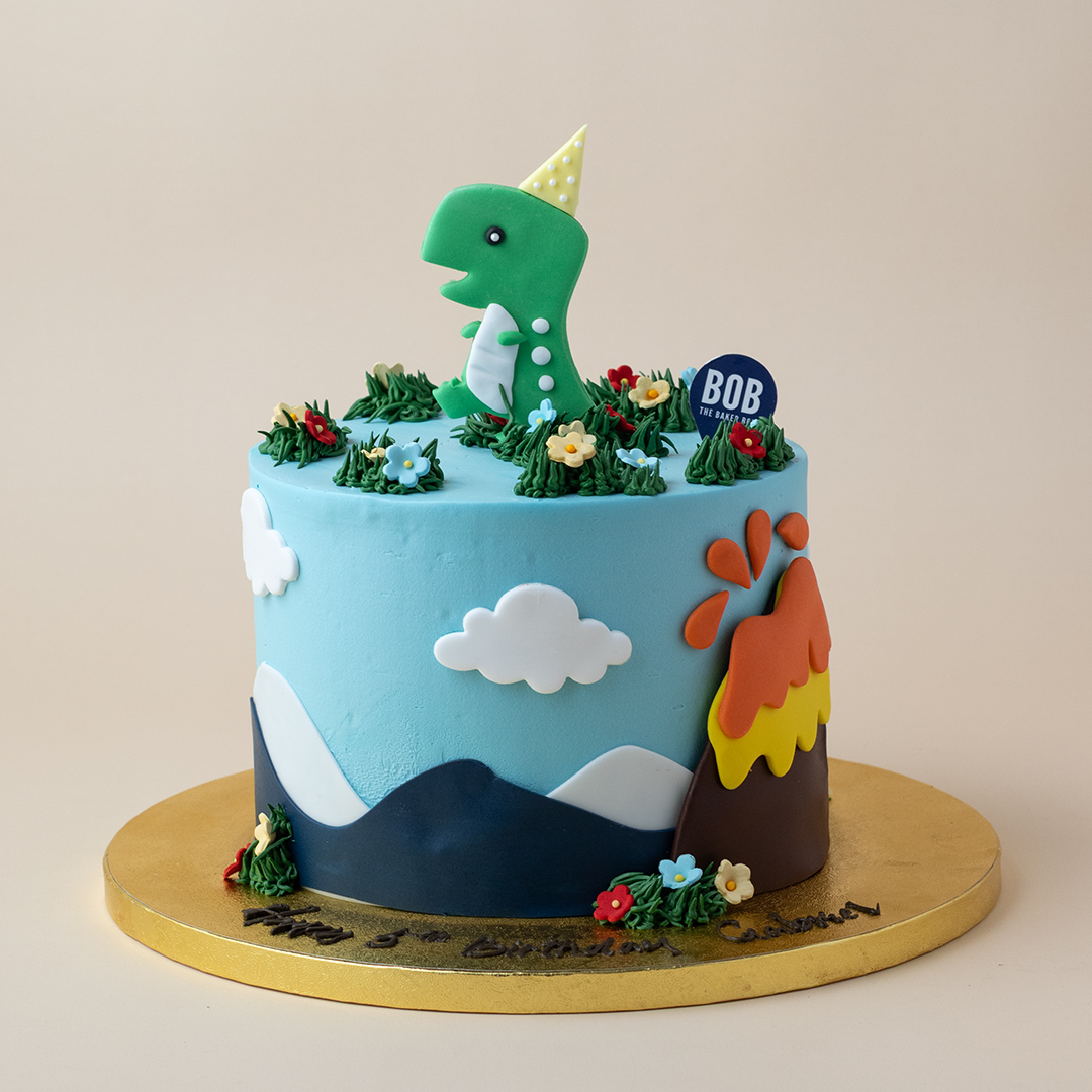 Cute Pastel T-Rex with Party Hat Dinosaur Cake