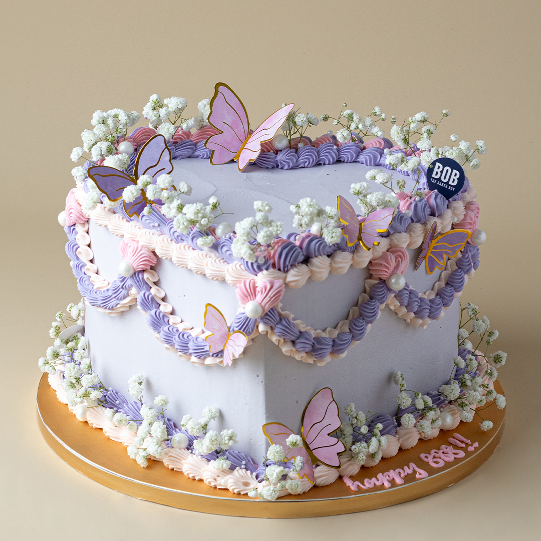 Dainty Vintage Style Heart Cake with Babies Breath and Butterflies
