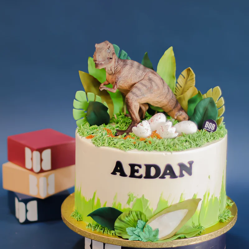Dinosaur Cake with Monstera Leaves