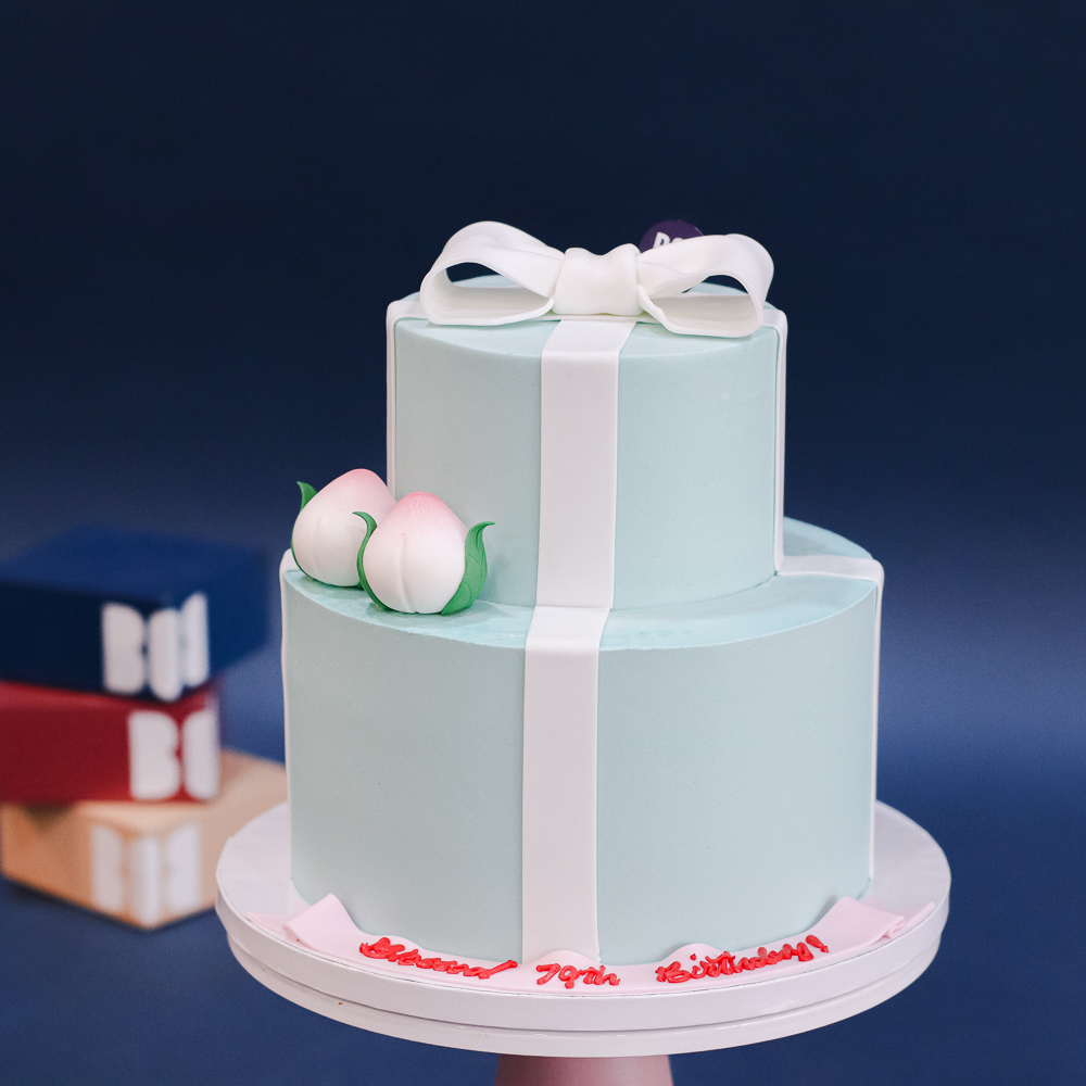 Dusty Blue Longevity Cake with 2 Shou Tao