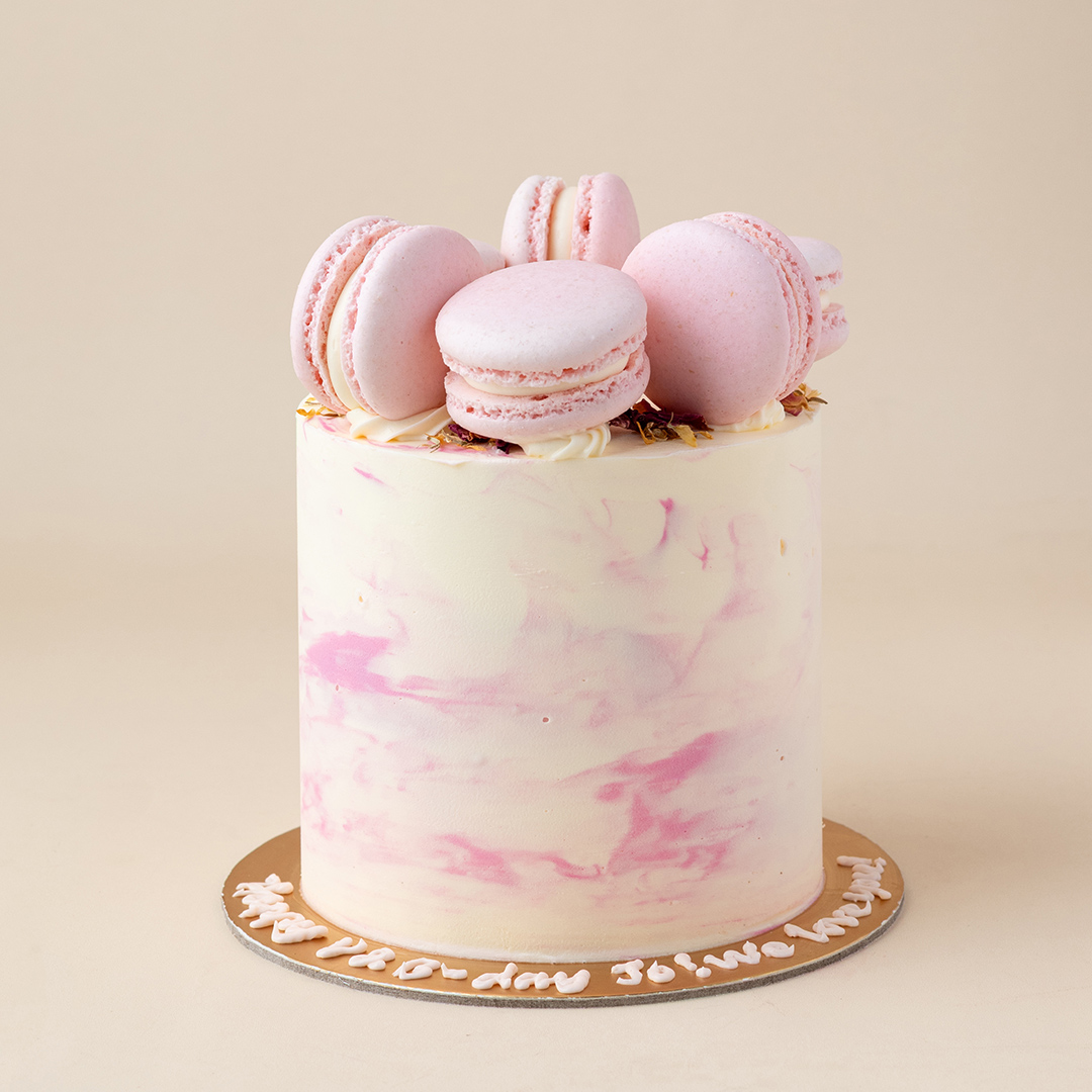 Dusty Rose Marbled Mini Cake with Macarons