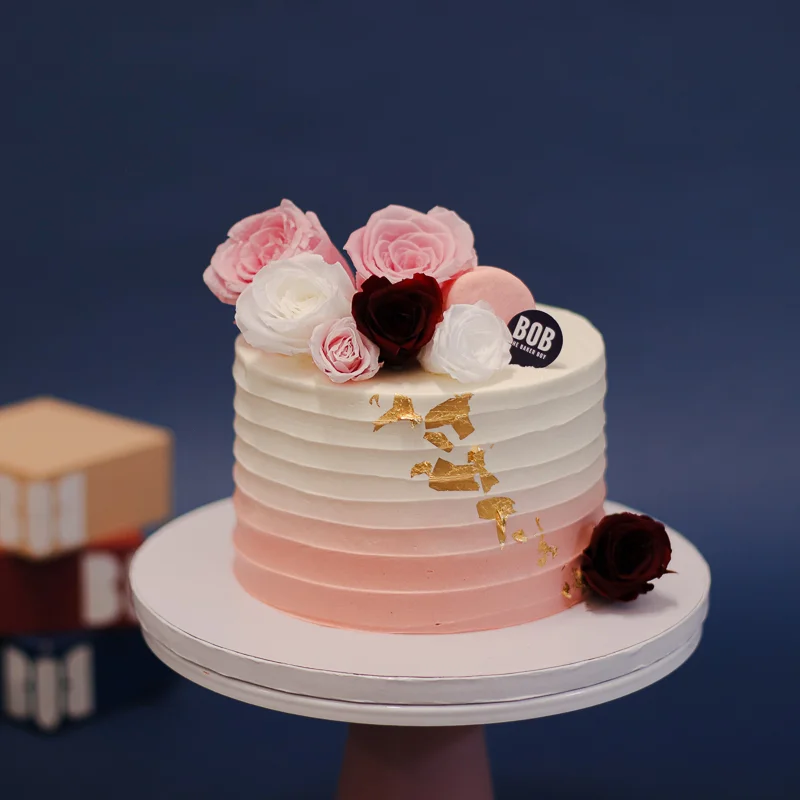 Dusty Rose Peach Ombre Cake with Florals in Shades of Pink