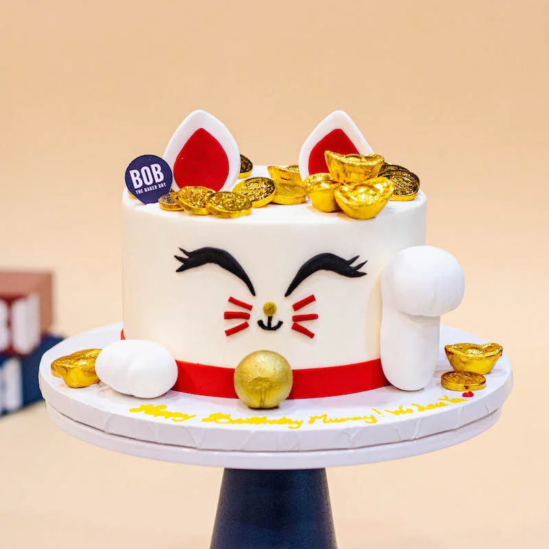 Lucky Fortune Cat Cake with Gold Coins and Ingots