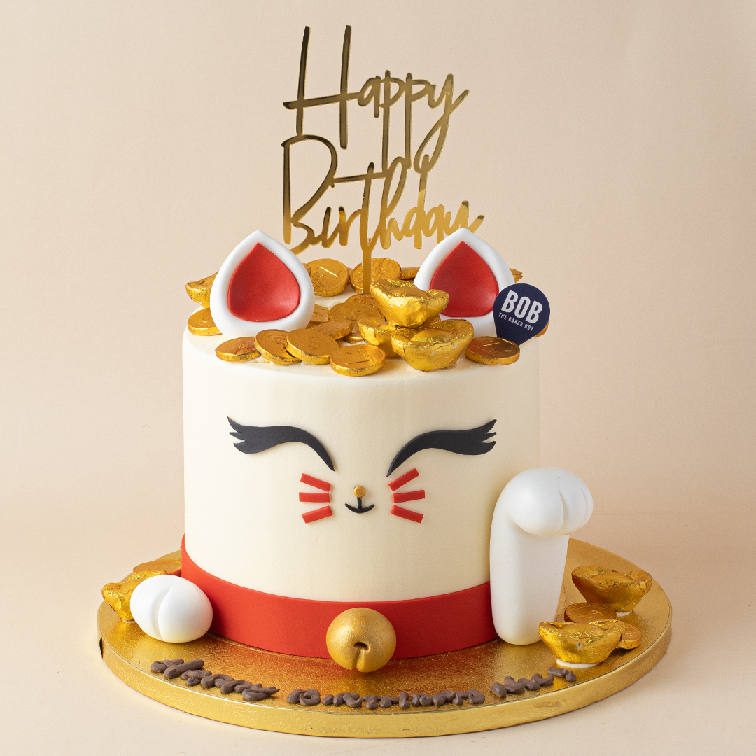 Lucky Fortune Cat Cake with Gold Coins and Ingots