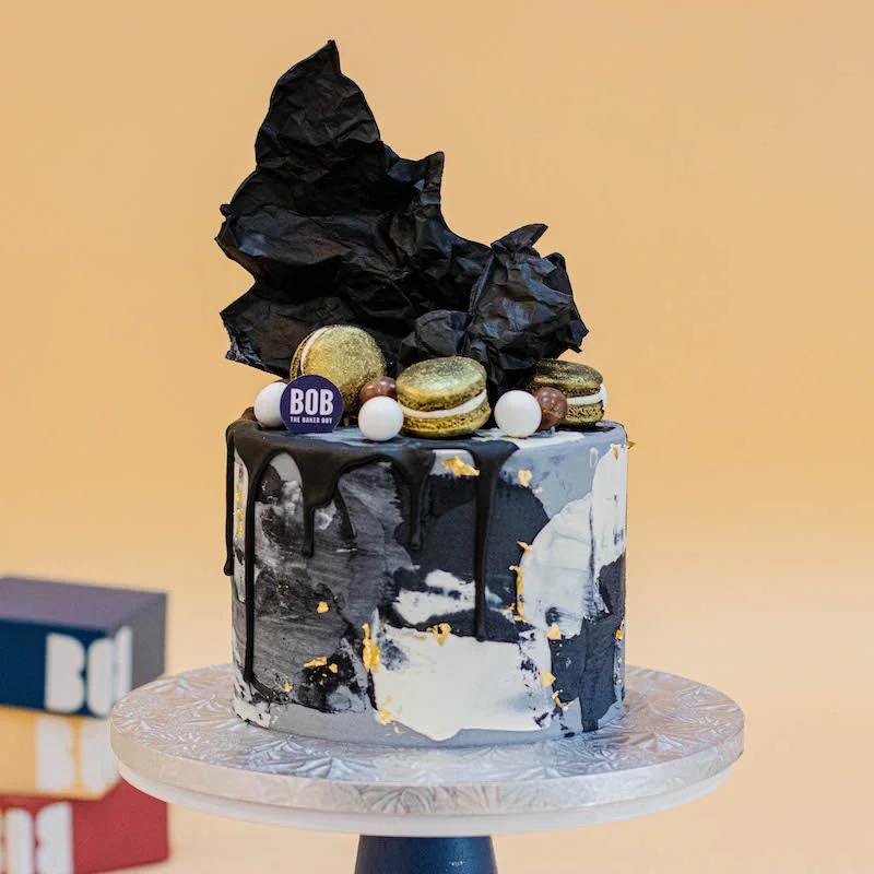 Monochrome Black Abstract Birthday Cake with Gold Accents