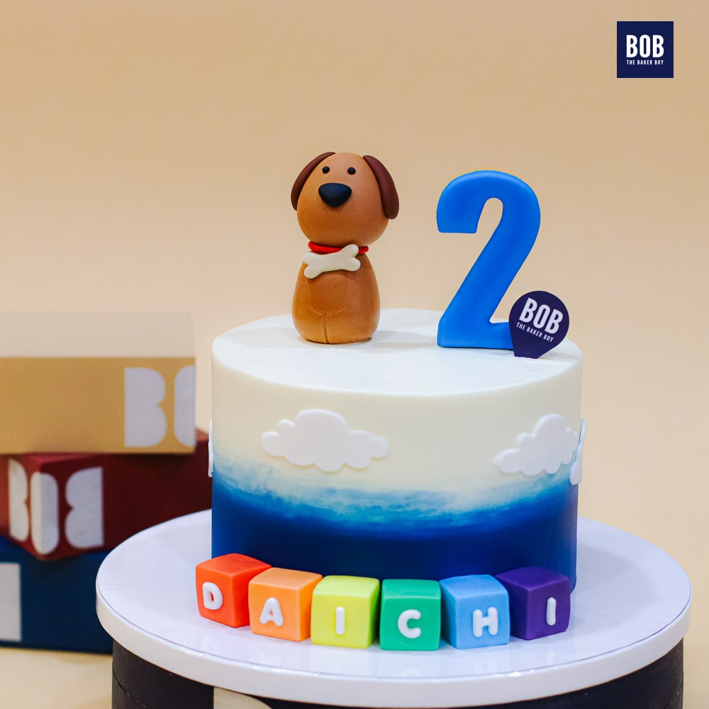 Navy Blue Ombre Cake With Puppy Dog