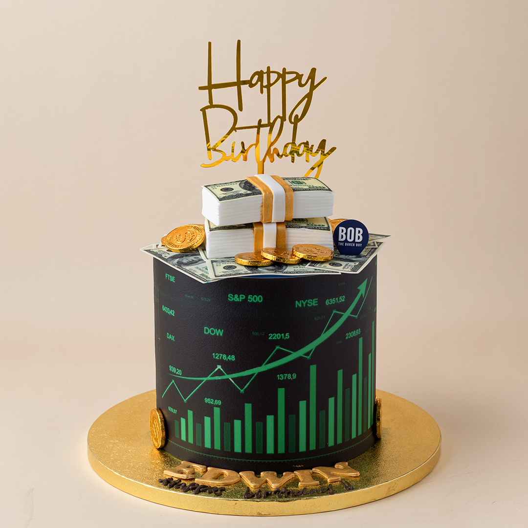 Overflowing Stack of Money and Investments Cake
