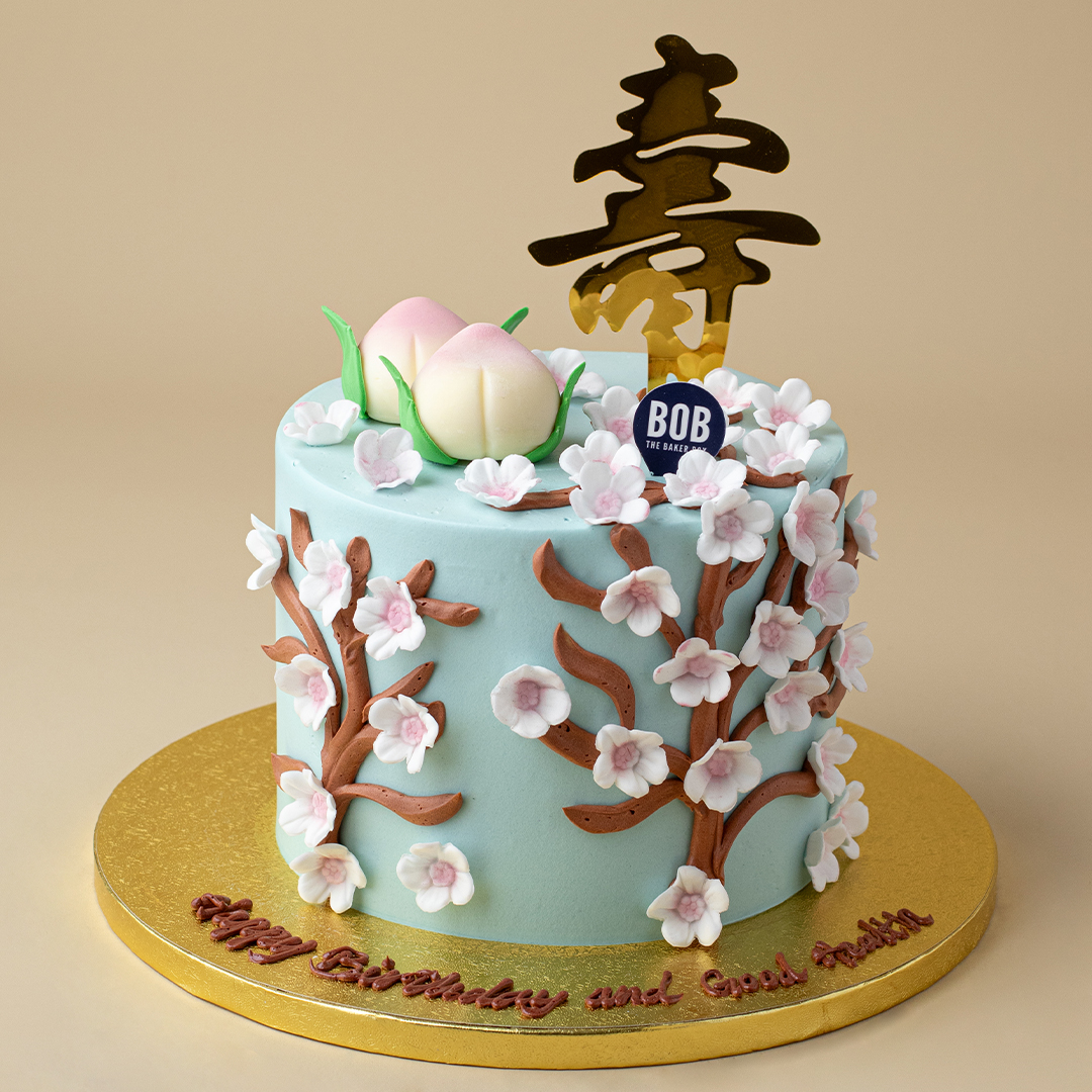 Pastel Longevity Cake with 2 Shou Tao and Cherry Blossoms