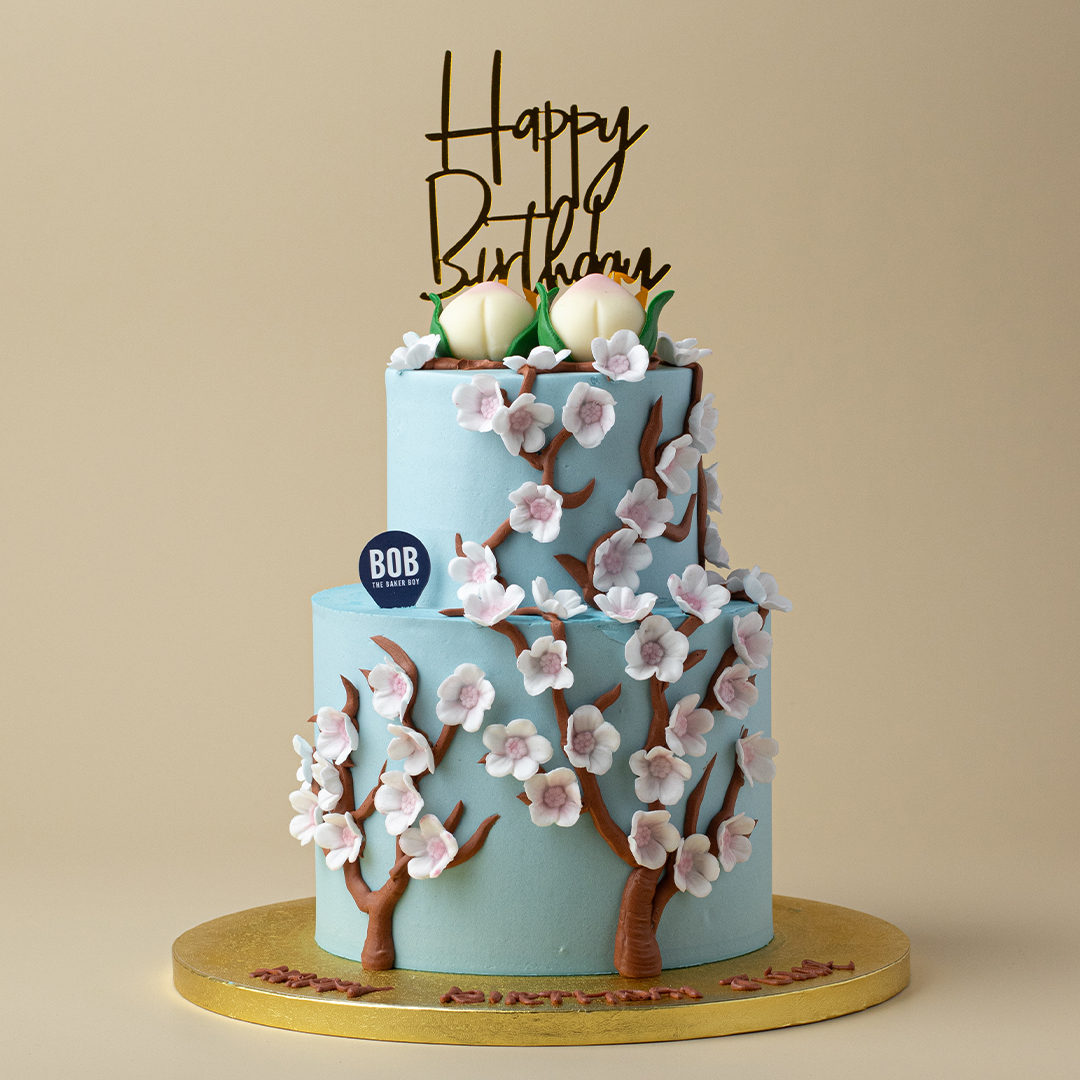 Pastel Longevity Cake with 2 Shou Tao and Cherry Blossoms