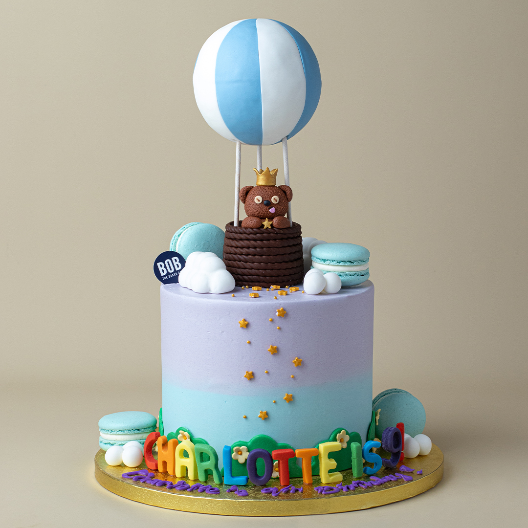 Pastel Ombre Hot Air Balloon Cake with Bear and Macarons