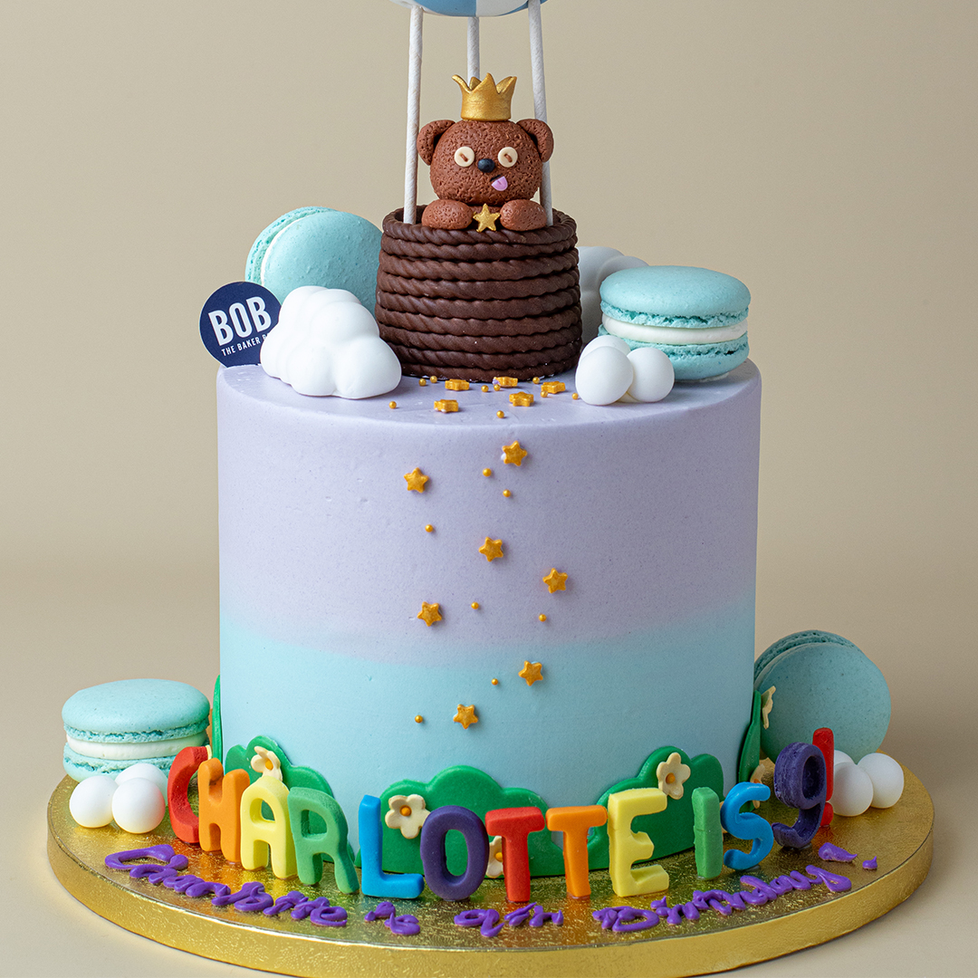 Pastel Ombre Hot Air Balloon Cake with Bear and Macarons