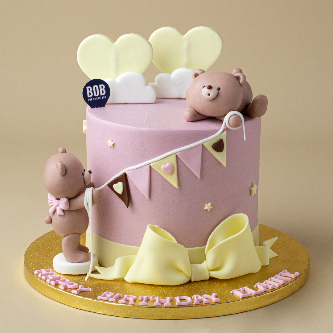 Pastel Pink Bears with Bow and Hearts Cake
