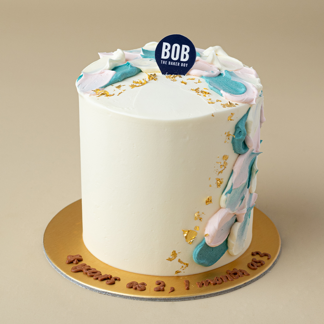 Pastel Pink and Turquoise Abstract Mini Cake with Gold Leaves