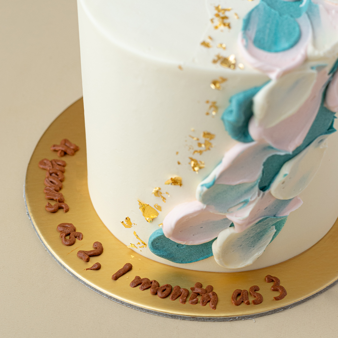 Pastel Pink and Turquoise Abstract Mini Cake with Gold Leaves