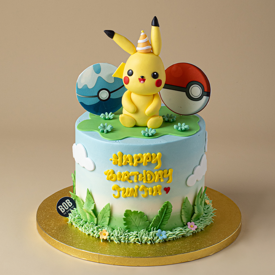 Pikachu in Garden with Blue Sky and Clouds Cake