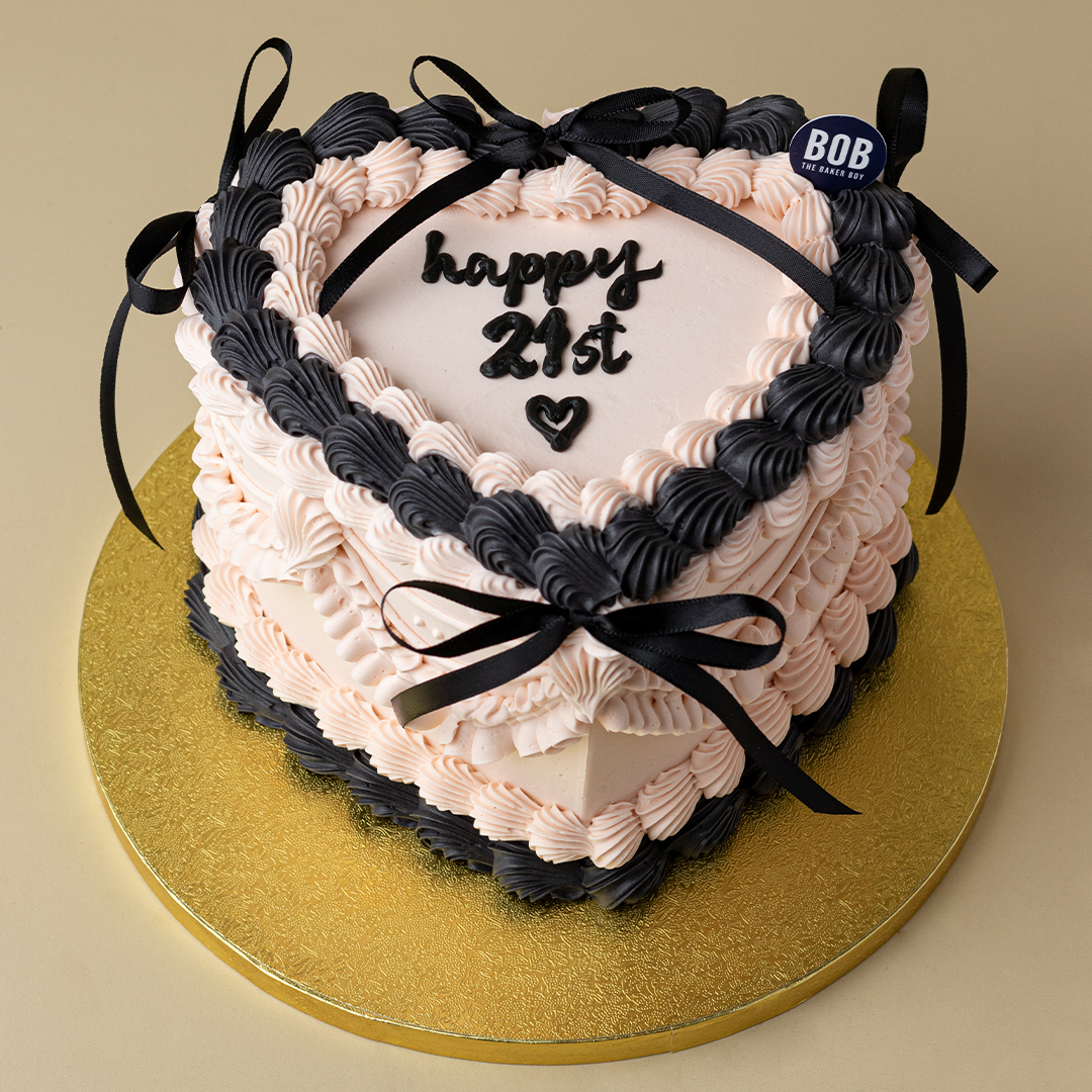 Pink Korean Vintage Heart Cake with Black Ribbon