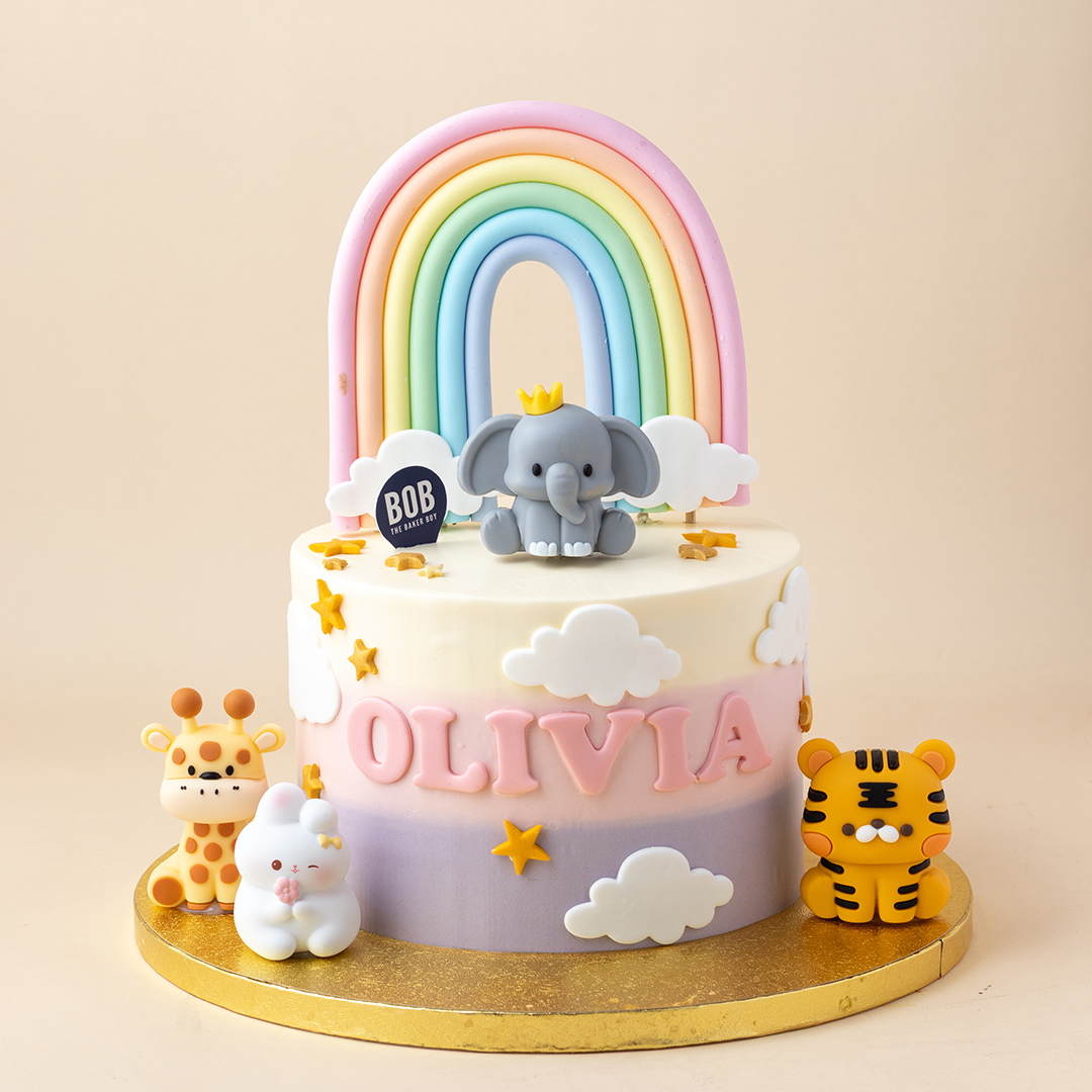 Pink and Lavender Ombre Cute Animals Birthday Cake