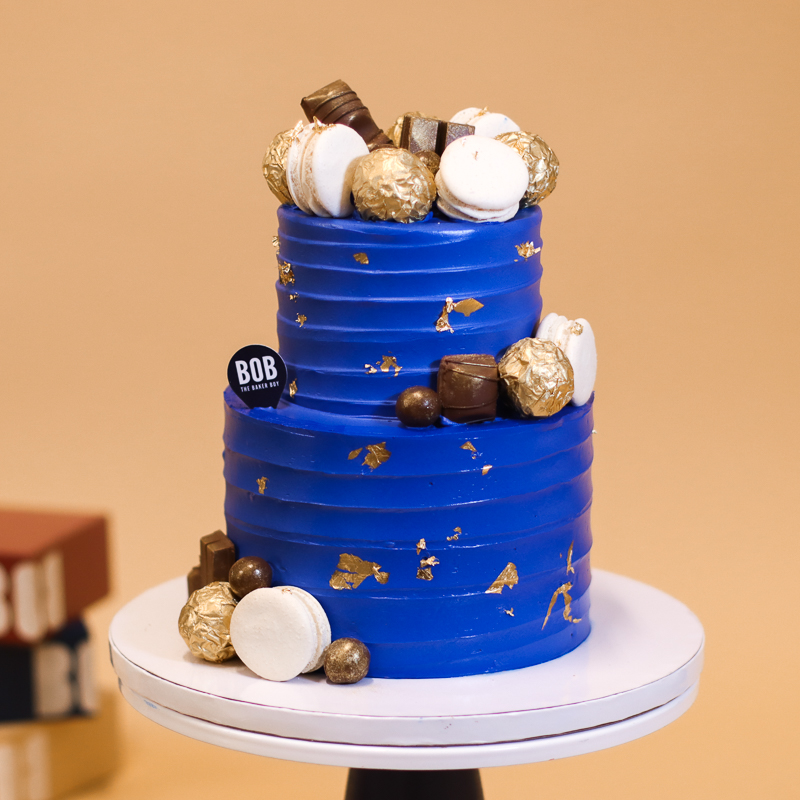 Royal Blue Cake with Chocolates and Macarons