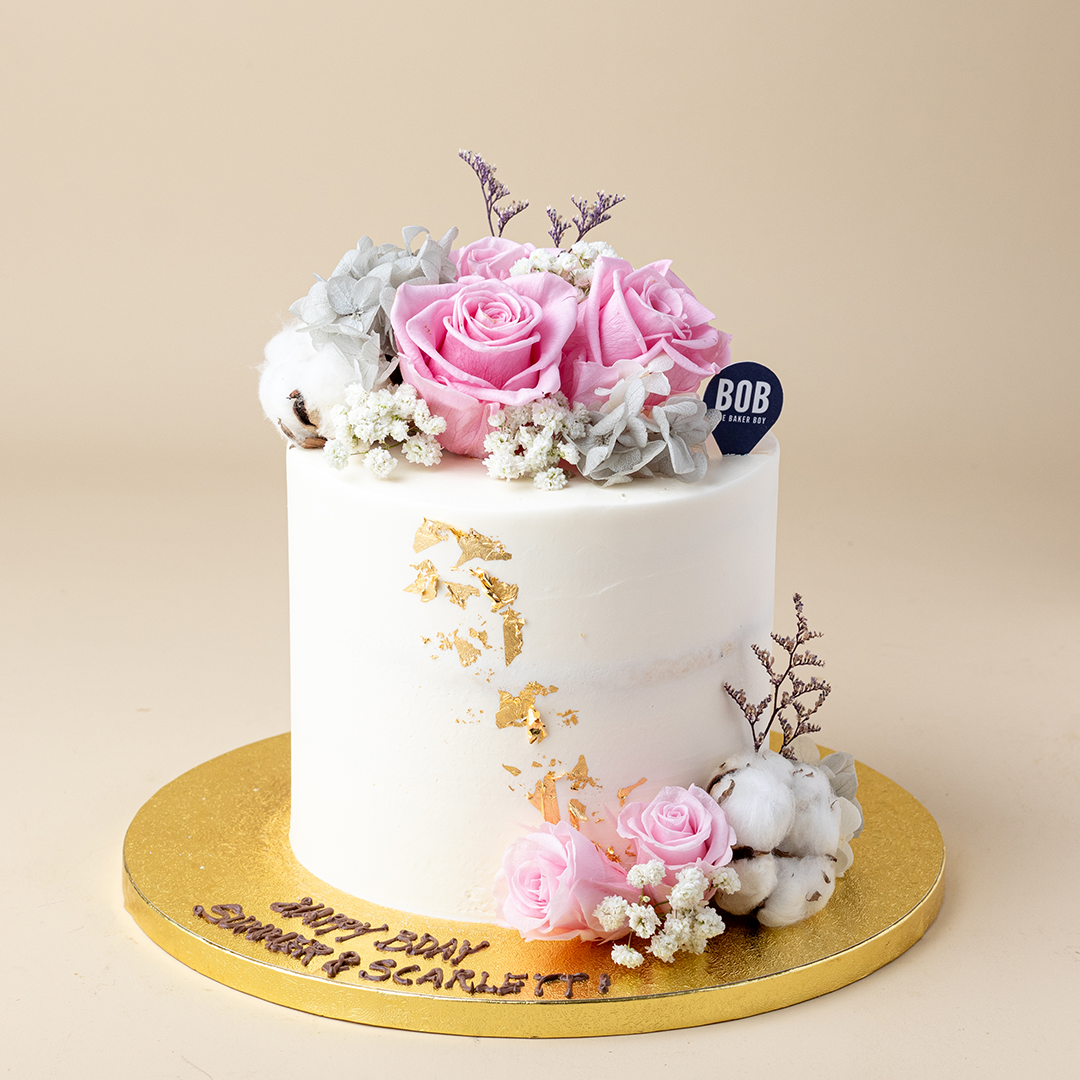 Semi-Naked Cotton White Floral Cake with Dusty Pink Accents