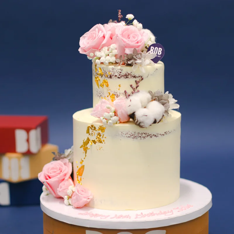 Semi-Naked Cotton White Floral Cake with Dusty Pink Accents