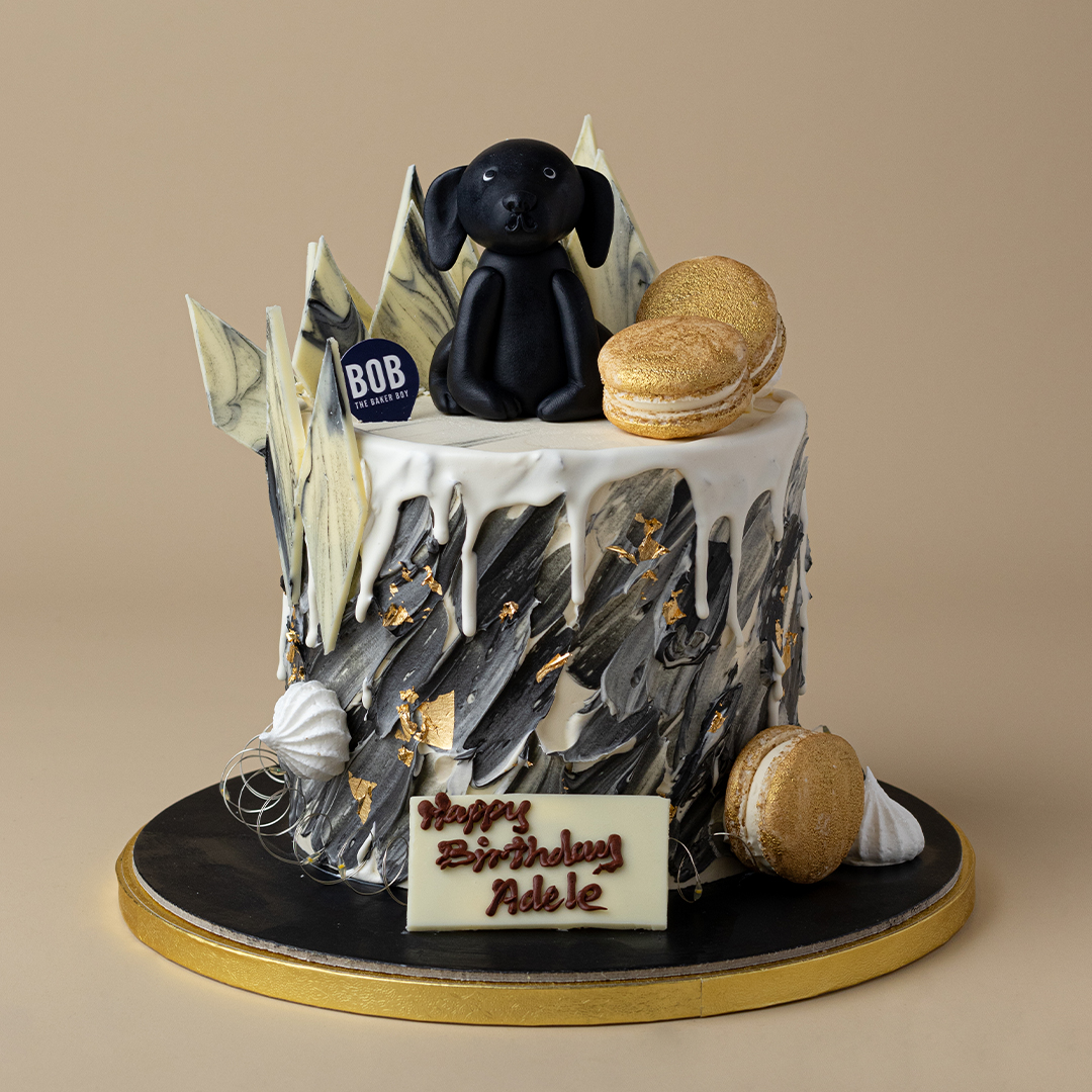 Singapore Special Black and White Marble Cake with Drip and Gold Macarons