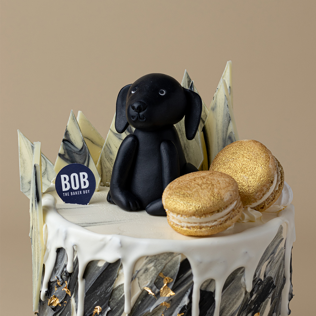 Singapore Special Black and White Marble Cake with Drip and Gold Macarons
