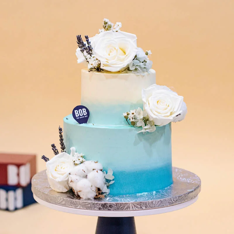Sky Blue Ombre Cake with White Floral