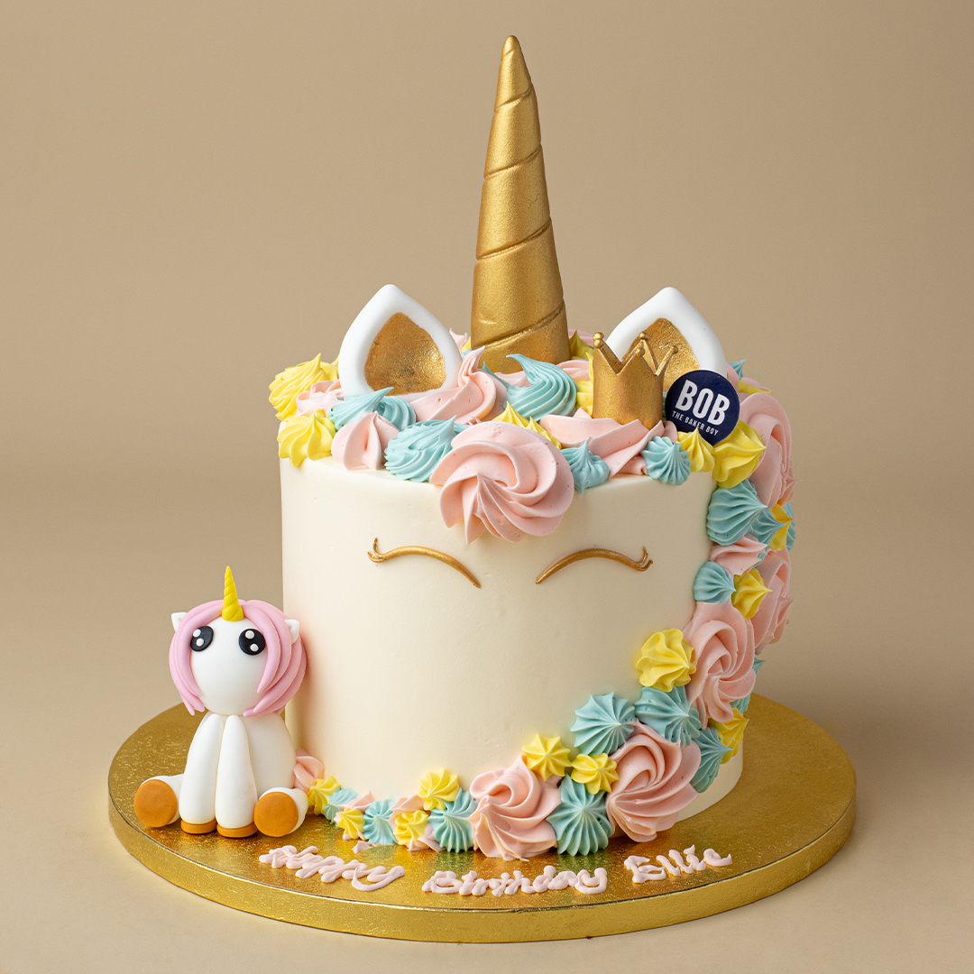 Unicorn Cake with Gold Horn and a Cute Mini Unicorn