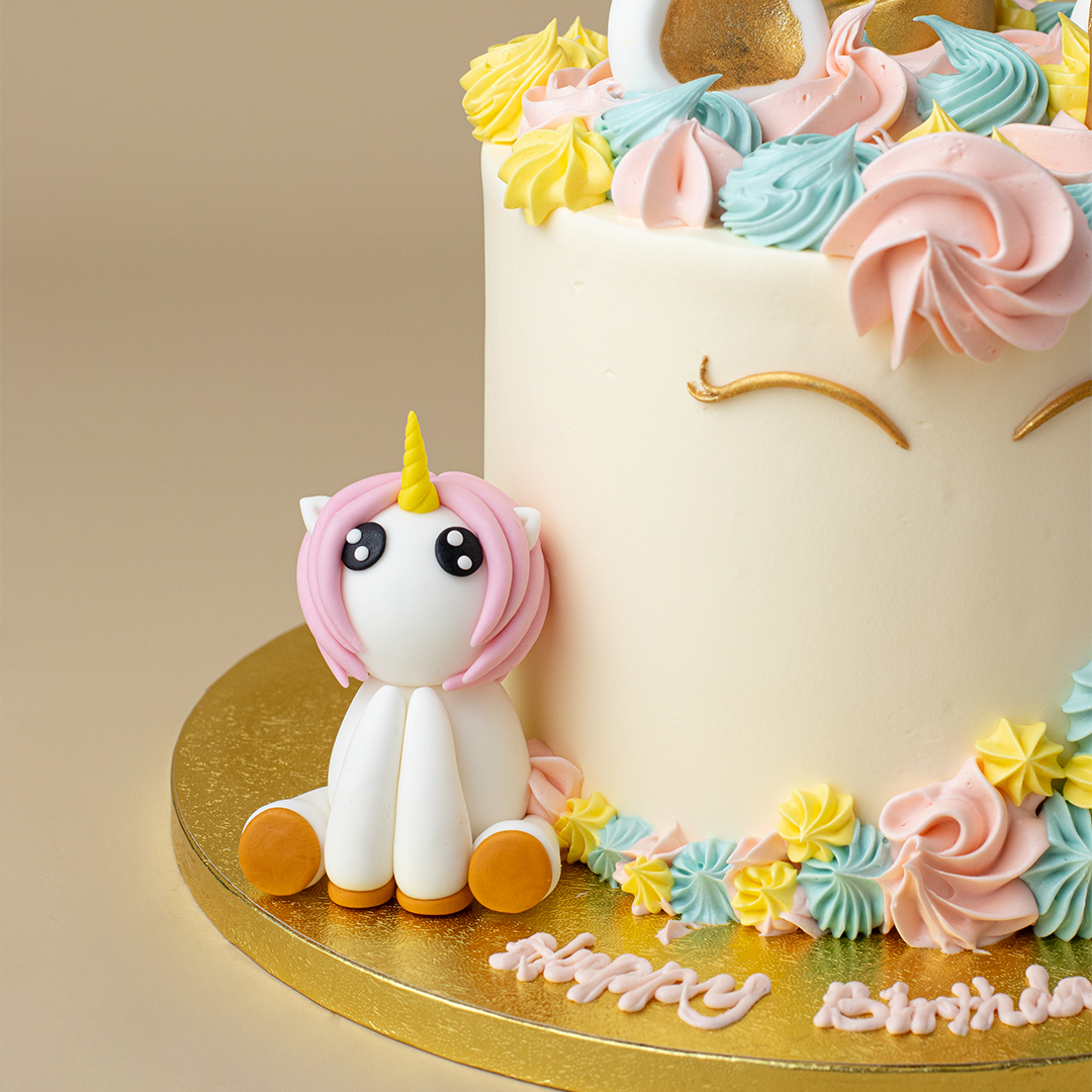 Unicorn Cake with Gold Horn and a Cute Mini Unicorn
