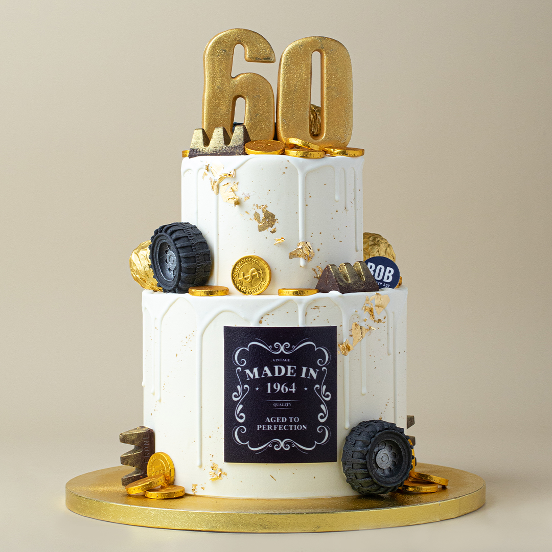 Wheels and Gold Bars Cake in Classy White