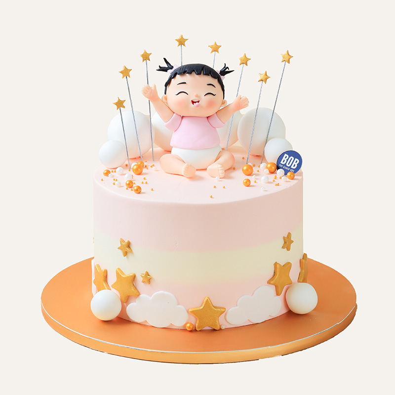 Happy Baby with Golden Stars Pink Cake