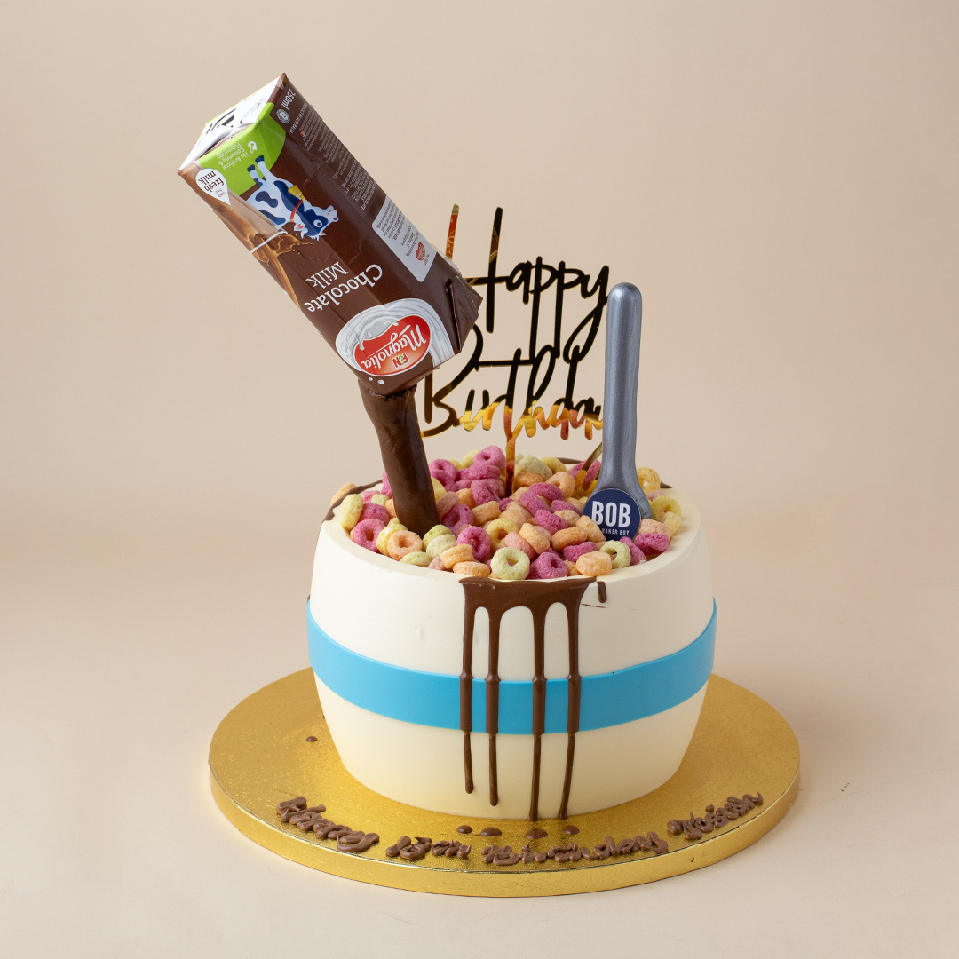3D Cereal and Gravity Defying Chocolate Milk Birthday Cake