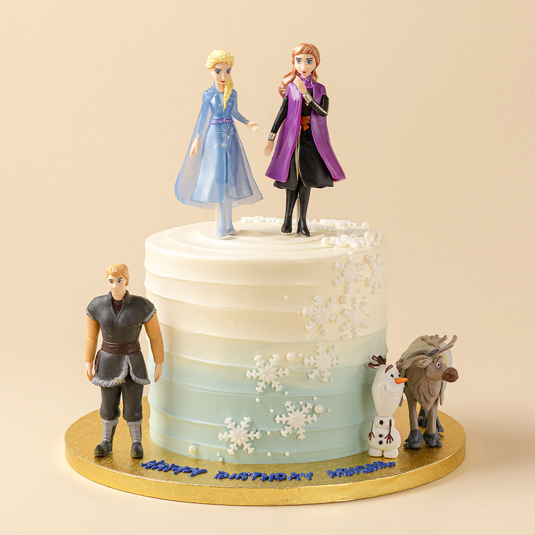 Blue and White Ombre Anna and Elsa Snowflakes Cake